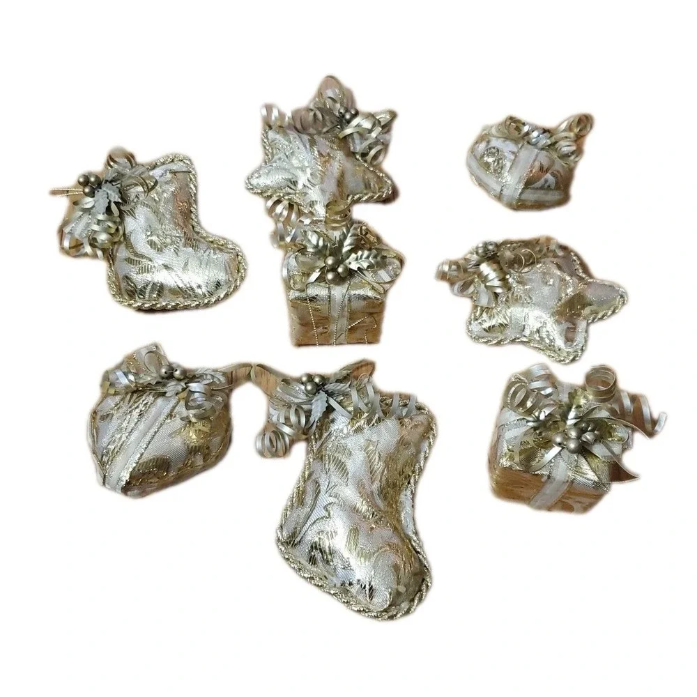 Vintage Christmas Fabric Ornaments Hearts Stars Stockings Set of 8 Gold